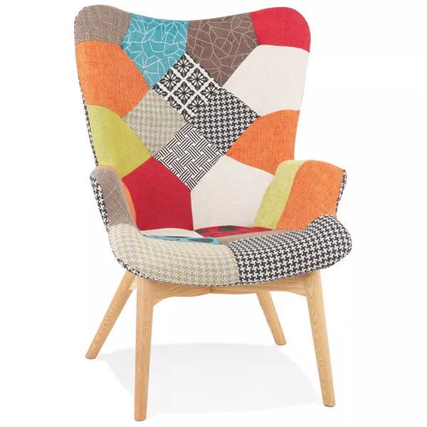 Fauteuil à oreilles patchwork en tissu pieds bois naturel RHYS (multicolore) à associer à Fauteuils Empilables Pour Un Gain De P