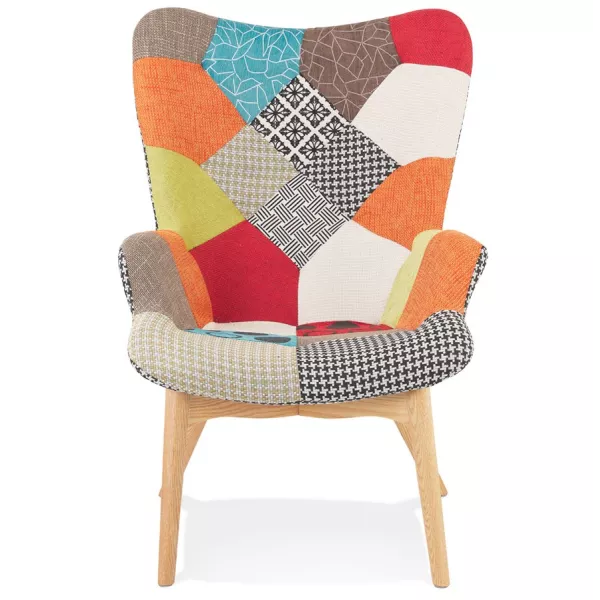 Patchwork ear armchair in natural wood foot fabric RHYS (multicolored) to associate with Modern armchairs for an elegant interio