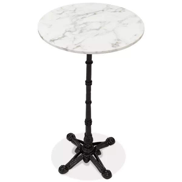 Table haute plateau rond en pierre effet marbre et pied en fonte noir AMOS (Ø 60 cm) (blanc)