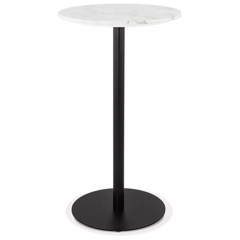 Table haute plateau rond en pierre effet marbre et pied en métal noir OLAF (Ø 60 cm) (blanc)