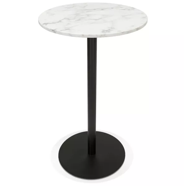 Table haute plateau rond en pierre effet marbre et pied en métal noir OLAF (Ø 60 cm) (blanc)