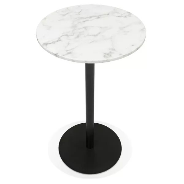 Table haute plateau rond en pierre effet marbre et pied en métal noir OLAF (Ø 60 cm) (blanc)