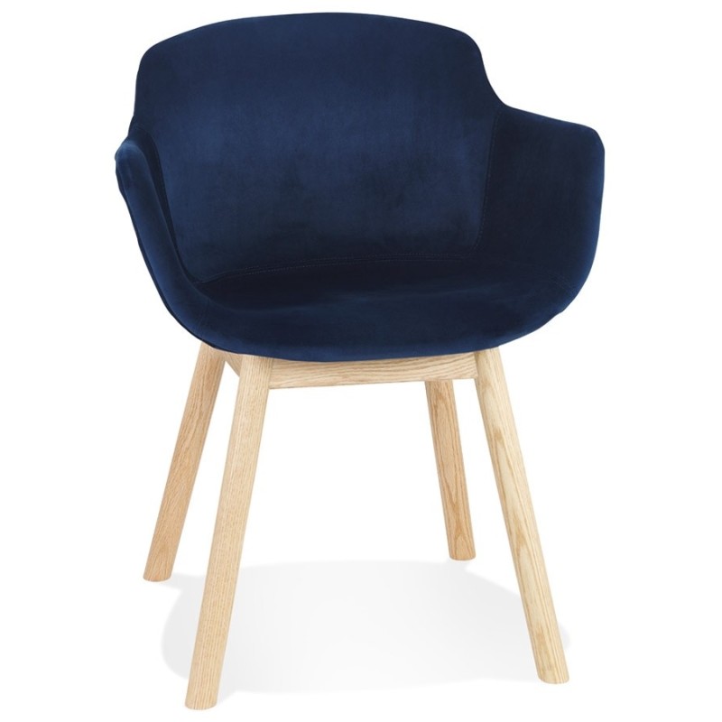 Chaise accoudoirs FRIDA en velours bleu et pieds bois naturel