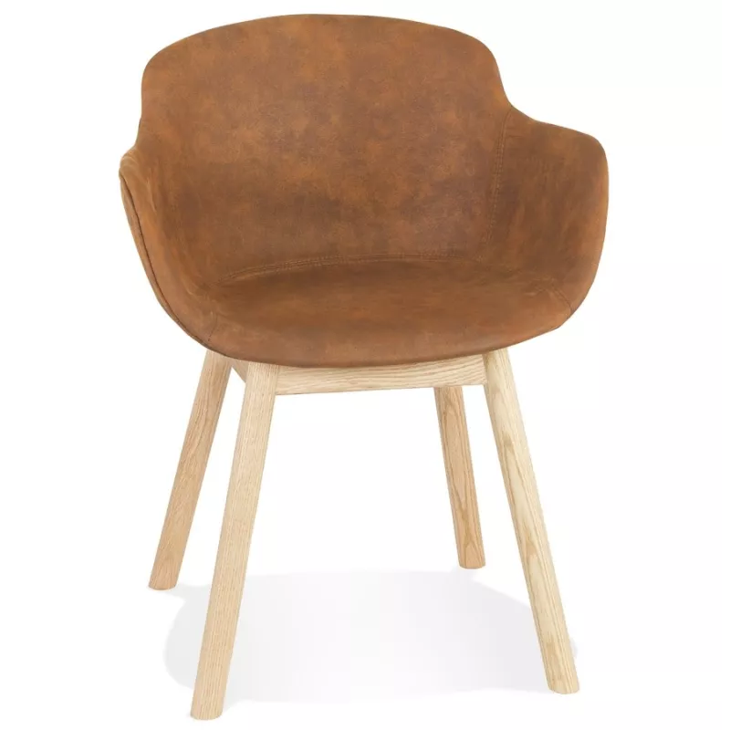 Chaise accoudoirs RUPERT en microfibre brune et pieds bois naturel