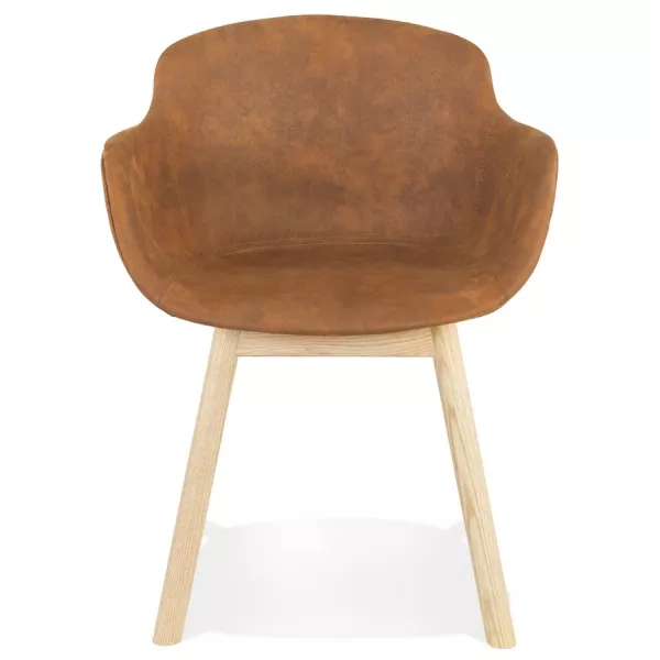 Chaise accoudoirs RUPERT en microfibre brune et pieds bois naturel