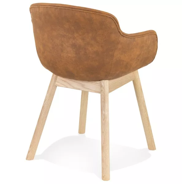 Chaise accoudoirs RUPERT en microfibre brune et pieds bois naturel