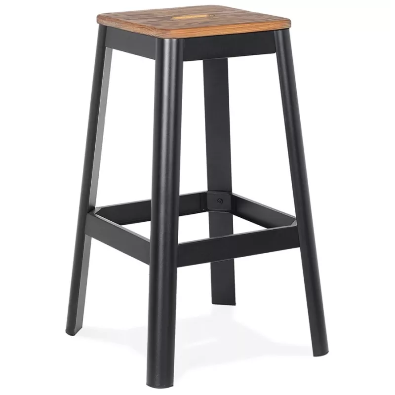 Tabouret haut style industriel LIDYA structure métal noir et assise bois