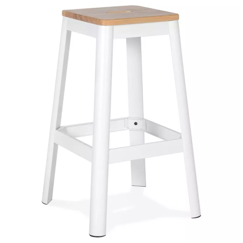 Tabouret haut style industriel LIDYA structure métal blanc et assise bois