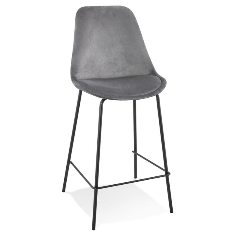 Tabouret snack mi-hauteur SPARK MINI en velours gris et pieds métal noir