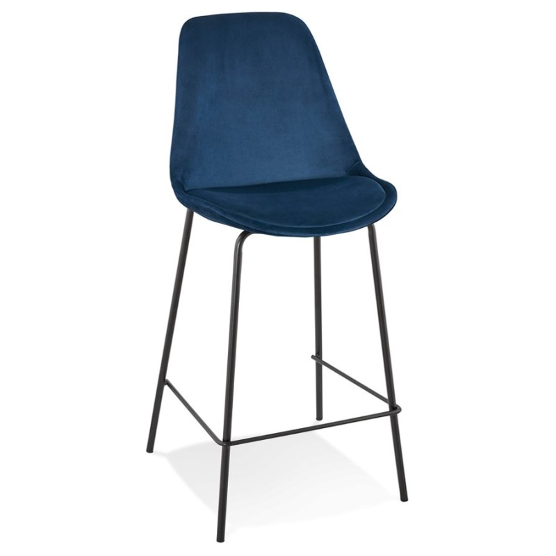 Tabouret snack mi-hauteur SPARK MINI en velours bleu et pieds métal noir