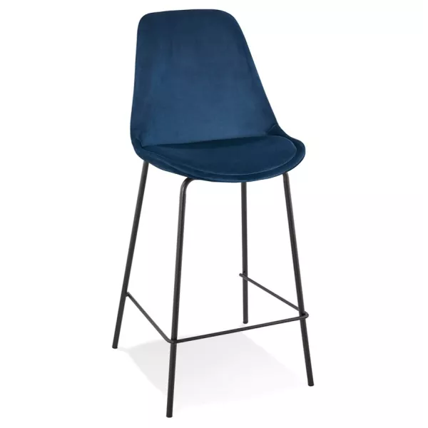 Tabouret snack mi-hauteur SPARK MINI en velours bleu et pieds métal noir