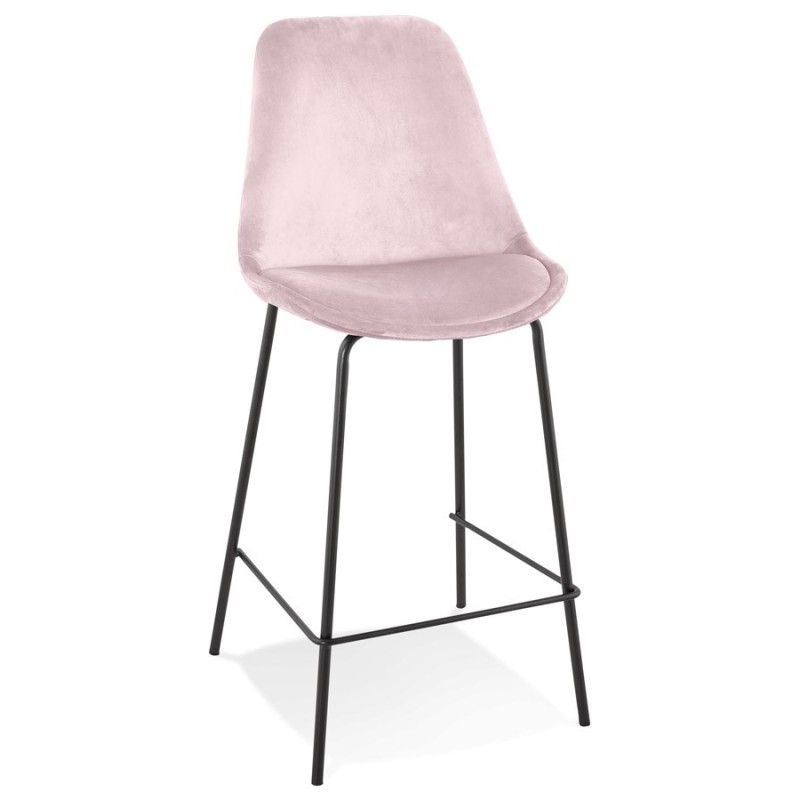 Tabouret snack mi-hauteur SPARK MINI en velours rose et pieds métal noir