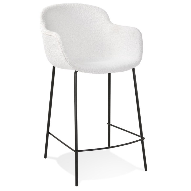 Tabouret snack mi-hauteur design avec accoudoirs tissu bouclé pieds métal noir CHIL MINI (Blanc)