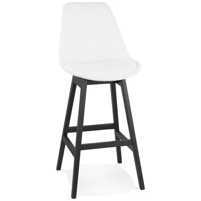 Tabouret de bar SANDRA en tissu bouloché blanc et pied bois noir