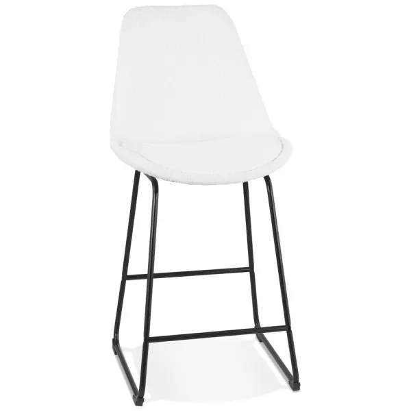 Tabouret snack mi-hauteur ALICE MINI en tissu bouloché blanc et pied traineau métal noir