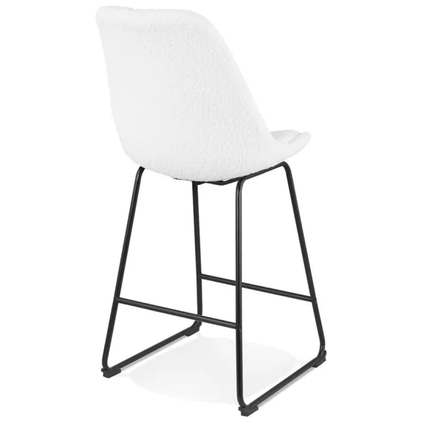 Tabouret snack mi-hauteur ALICE MINI en tissu bouloché blanc et pied traineau métal noir