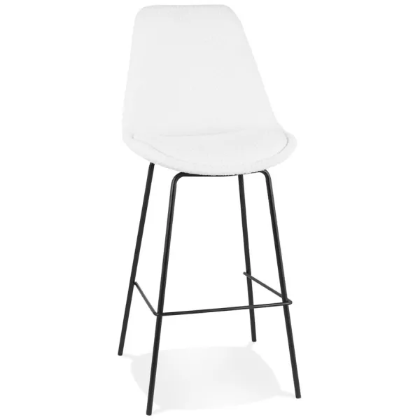 Tabouret de bar LEONIE en tissu bouloché blanc et pied métal noir