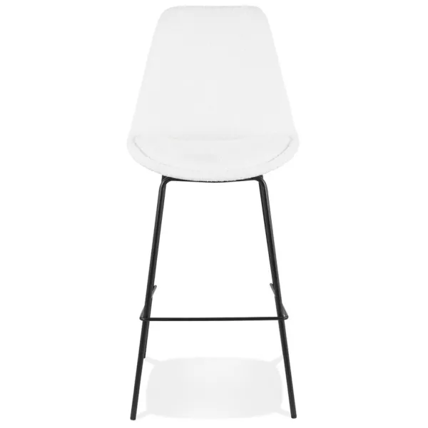 Tabouret de bar LEONIE en tissu bouloché blanc et pied métal noir