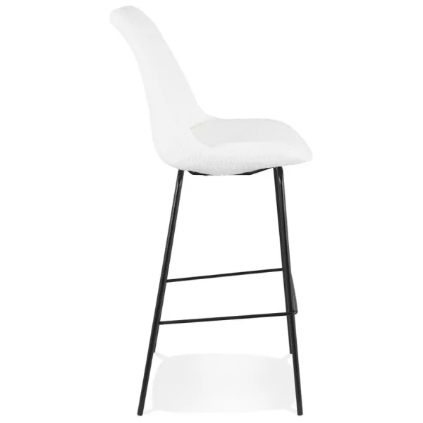 Tabouret de bar LEONIE en tissu bouloché blanc et pied métal noir