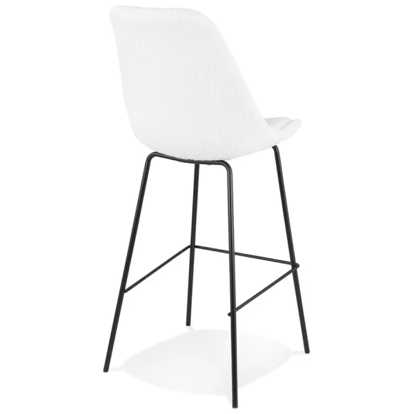 Tabouret de bar LEONIE en tissu bouloché blanc et pied métal noir