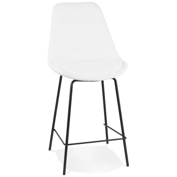 Tabouret snack mi-hauteur LEONIE MINI en tissu bouloché blanc et pied métal noir