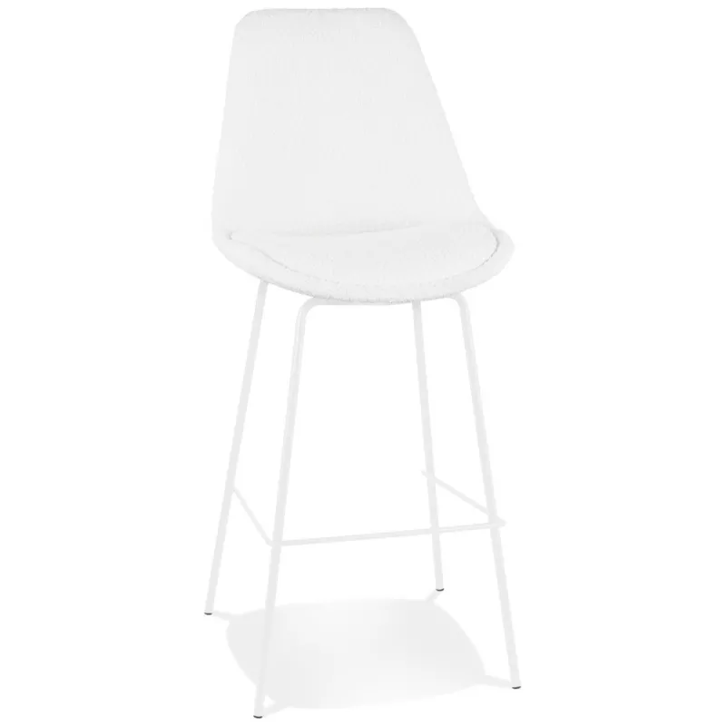 Tabouret de bar LEONIE en tissu bouloché blanc et pied métal blanc