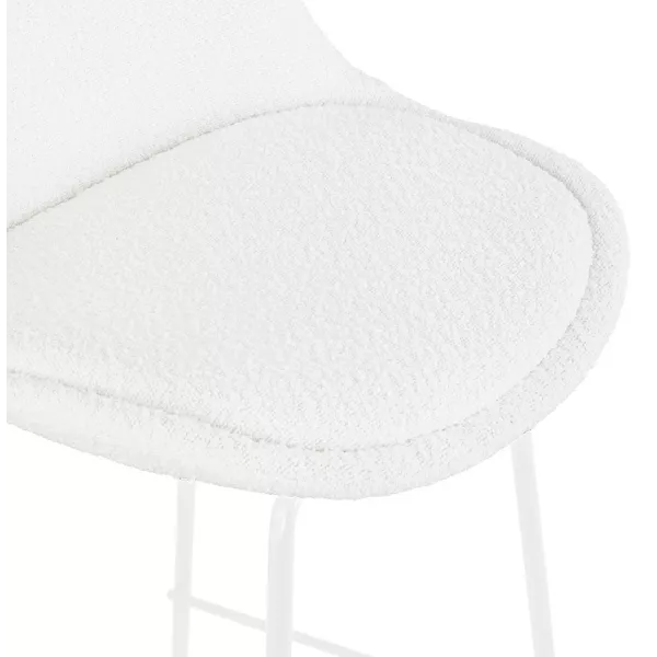 Tabouret de bar LEONIE en tissu bouloché blanc et pied métal blanc