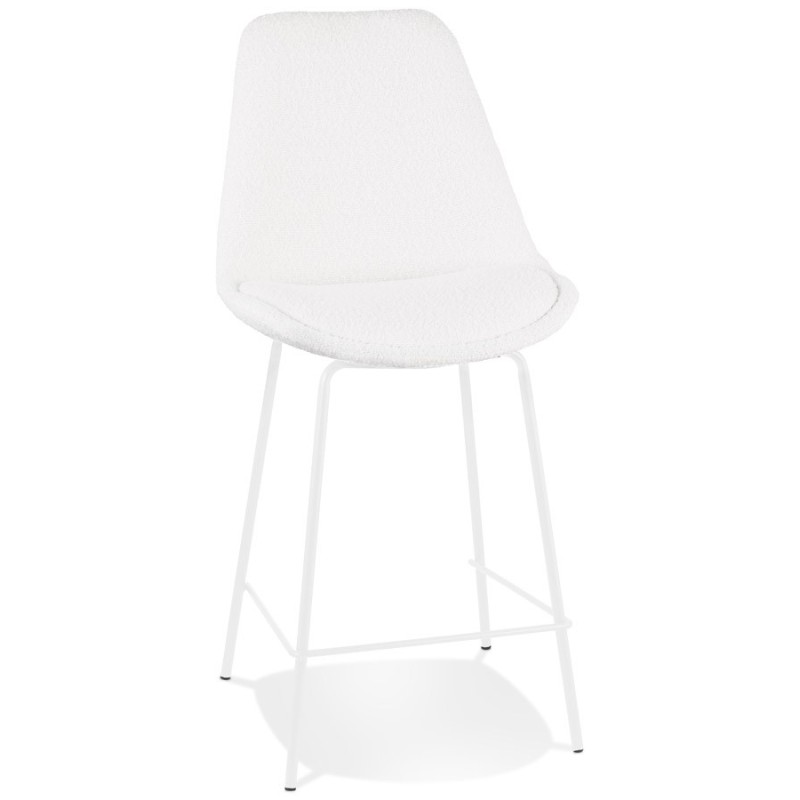 Tabouret snack mi-hauteur LEONIE MINI en tissu bouloché blanc et pied métal blanc