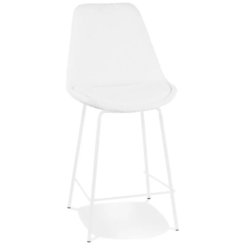 Tabouret snack mi-hauteur LEONIE MINI en tissu bouloché blanc et pied métal blanc