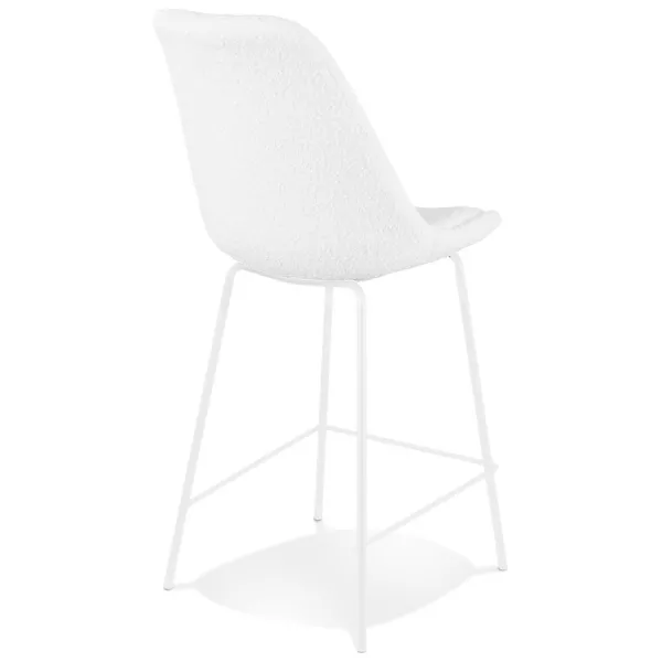 Tabouret snack mi-hauteur LEONIE MINI en tissu bouloché blanc et pied métal blanc