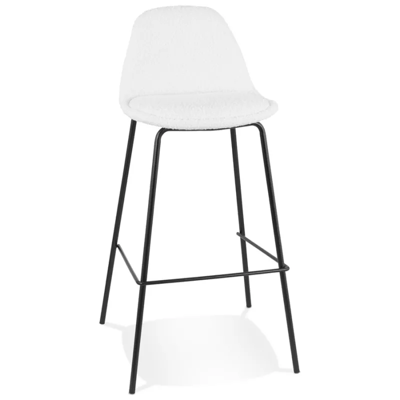 Tabouret de bar PLUMAR en tissu bouclé blanc et pied métal noir