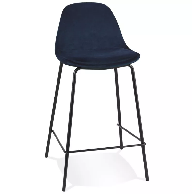 Tabouret snack mi-hauteur FENTON MINI en velours bleu et pied métal noir