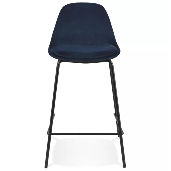 Tabouret snack mi-hauteur FENTON MINI en velours bleu et pied métal noir