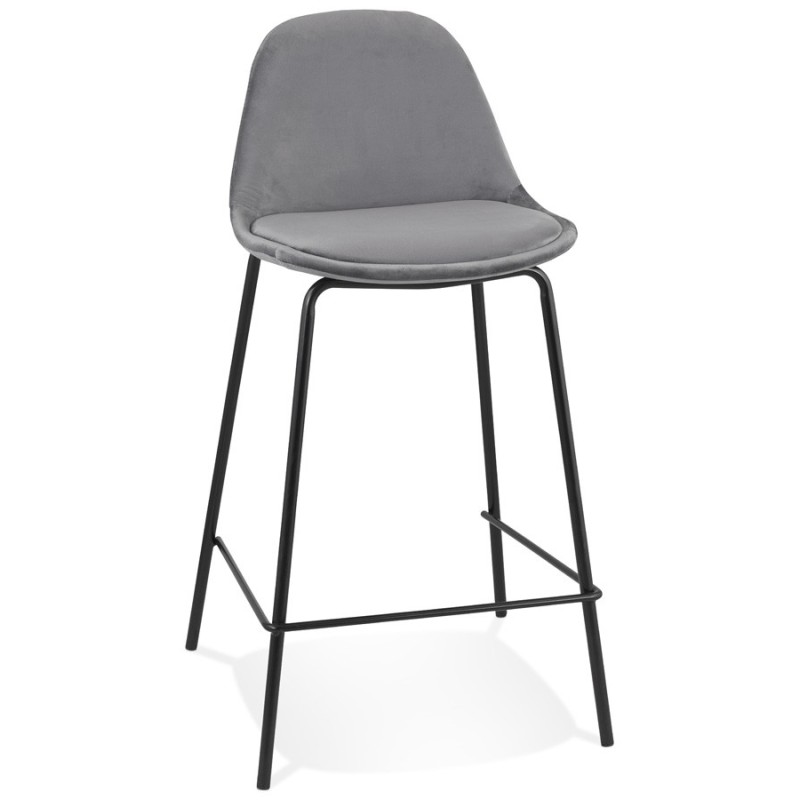 Tabouret snack mi-hauteur FENTON MINI en velours gris et pied métal noir