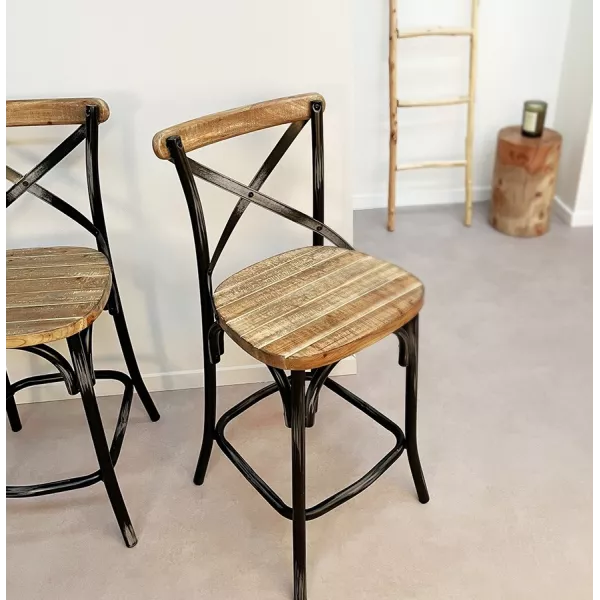 Tabouret de bar bois effet vieilli RANCH (Beige, Noir)