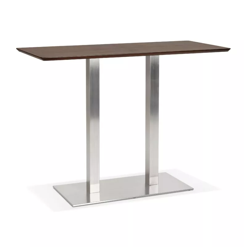 Table haute design MAMBO BAR bois finition Noyer pied métal brossé - 150x70 cm