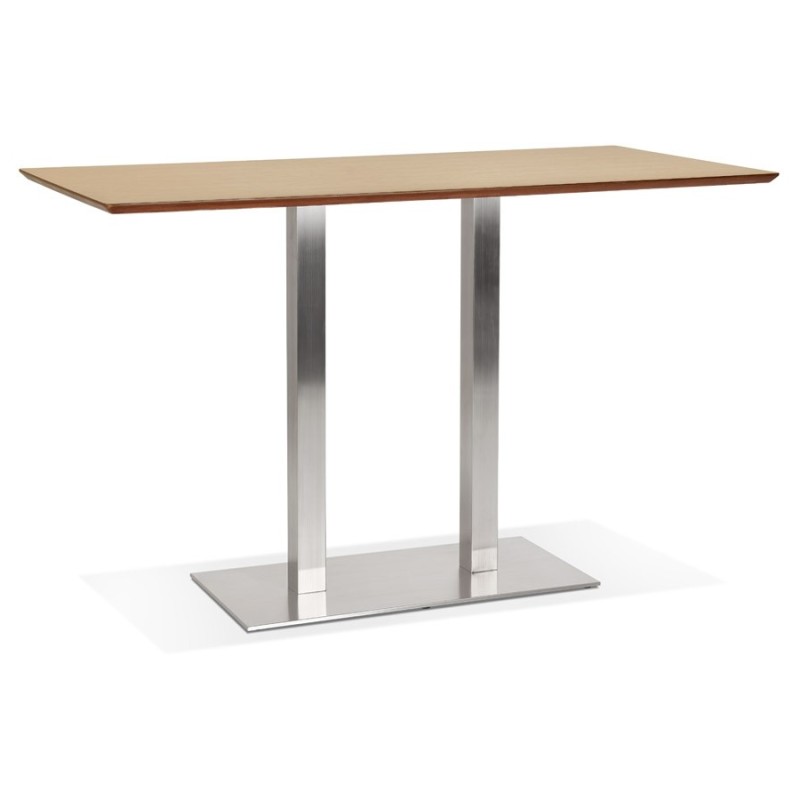 Table haute design MAMBO BAR bois finition naturelle pied métal brossé - 180x90 cm