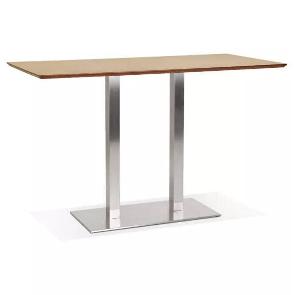 Table haute design MAMBO BAR bois finition naturelle pied métal brossé - 180x90 cm