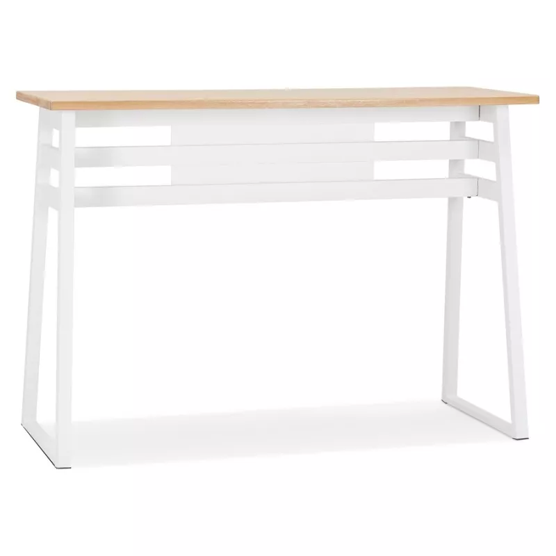 Table de bar haute NIKI bois finition naturelle et pied métal blanc - 150x60 cm