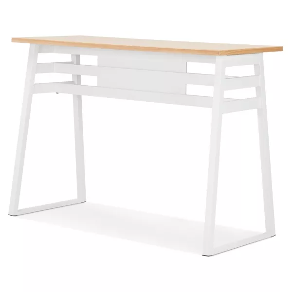 Table de bar haute NIKI bois finition naturelle et pied métal blanc - 150x60 cm