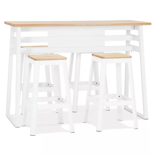 Table de bar haute NIKI bois finition naturelle et pied métal blanc - 150x60 cm