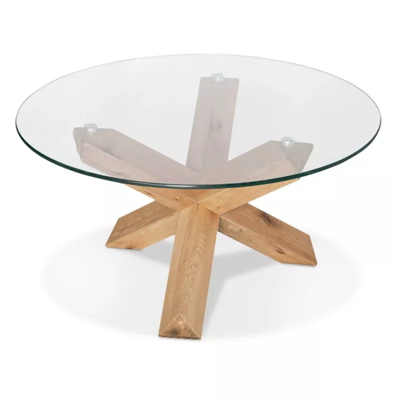 Table basse de salon MAGIK ronde en verre et bois massif