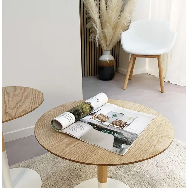 Table dappoint ronde DILA H45 bois finition naturelle et métal blanc