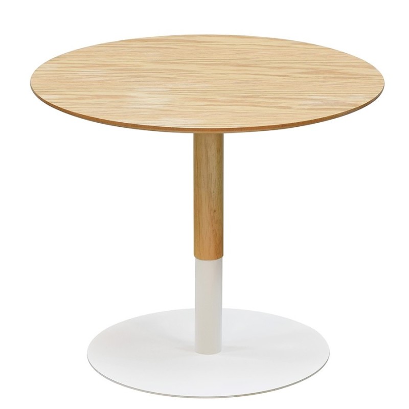 Table basse design ronde DILA H40 bois finition naturelle et métal blanc