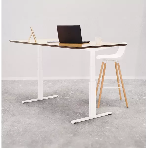 Bureau assis-debout électrique BIONIK plateau bois finition naturelle et pied métal blanc - 150x70 cm