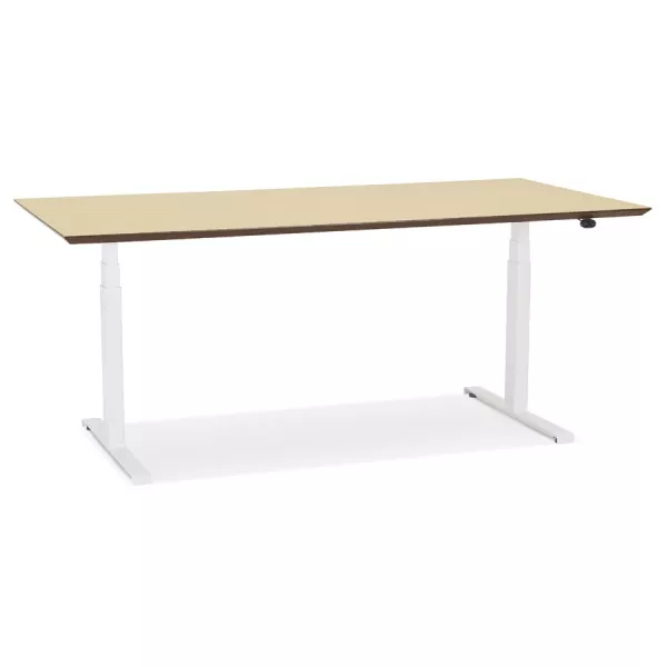 Bureau assis-debout électrique BIONIK plateau bois finition naturelle et pied métal blanc - 180x90 cm