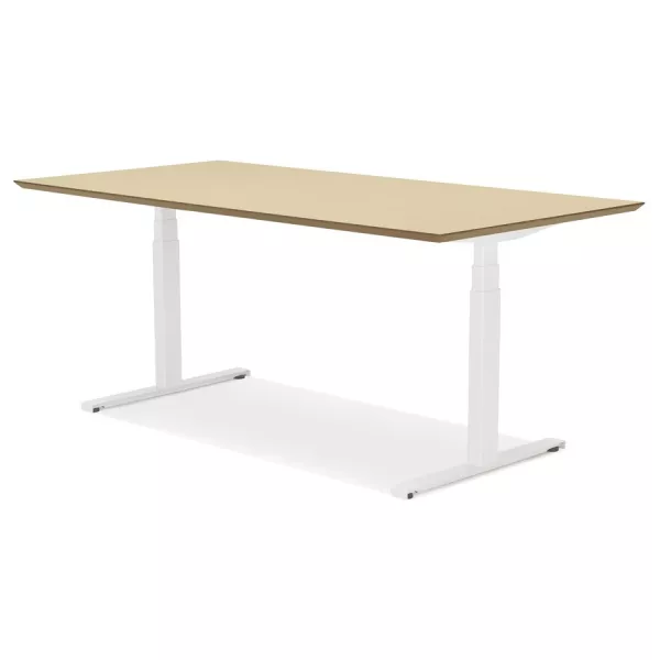 Bureau assis-debout électrique BIONIK plateau bois finition naturelle et pied métal blanc - 180x90 cm