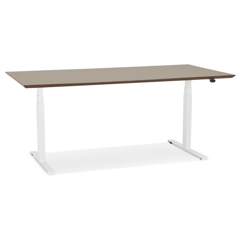 Bureau assis-debout électrique BIONIK plateau bois finition Noyer et pied métal blanc - 180x90 cm