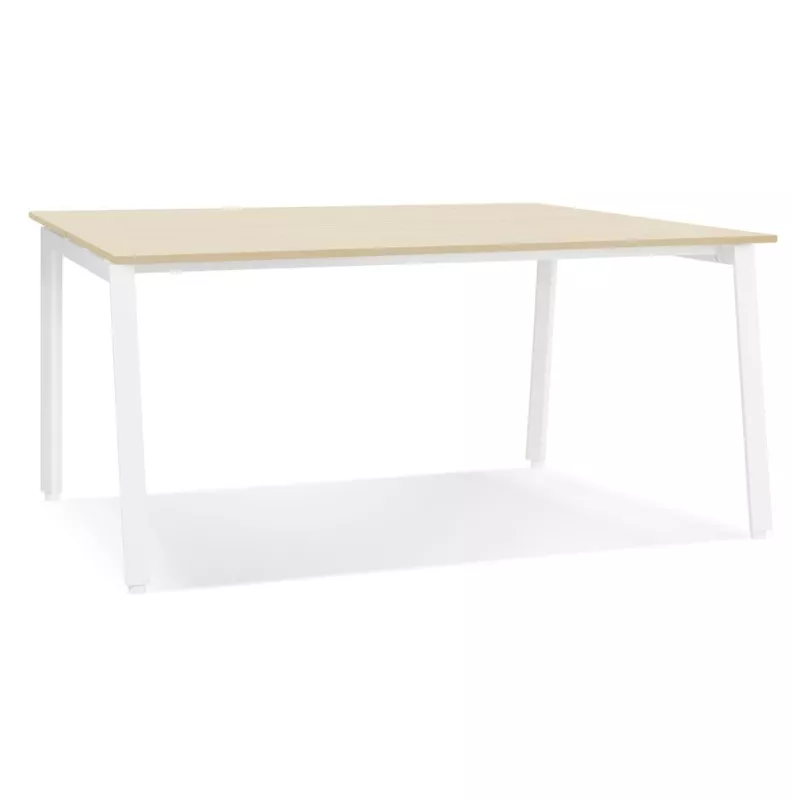 Table de réunion-bureau bench AMADEUS SQUARE bois finition naturelle et métal blanc - 140x140 cm