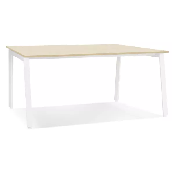 Table de réunion-bureau bench AMADEUS SQUARE bois finition naturelle et métal blanc - 140x140 cm